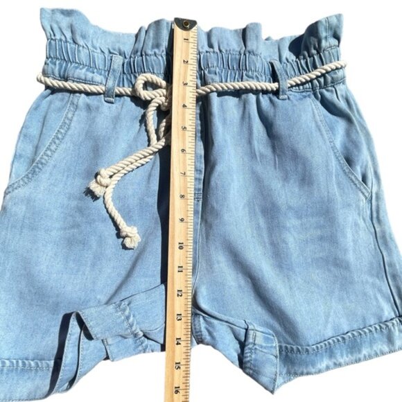 Blue Chambray High Waist Paper Bag Shorts Rope Belt Coastal Nautical Western - Picture 8 of 11